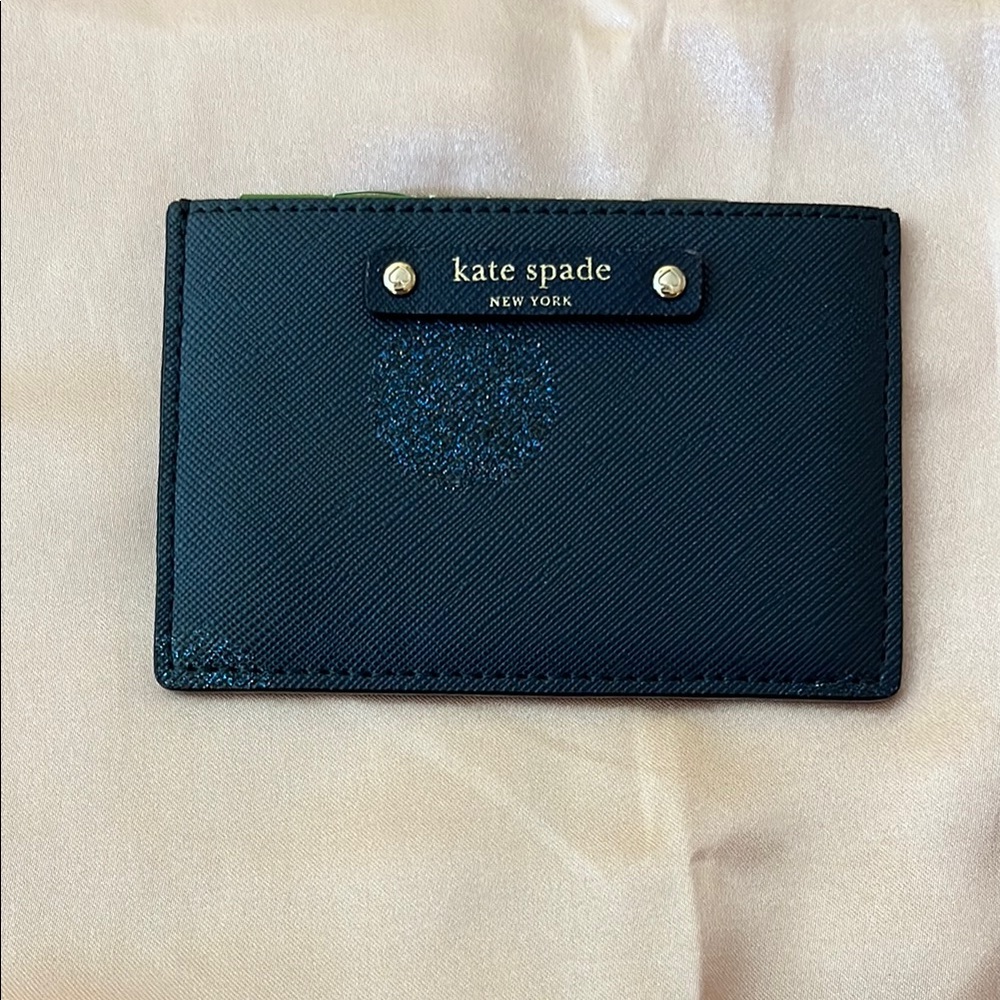 NWT Kate Spade Navy Card Holder with Silver Details and Glitter Circle